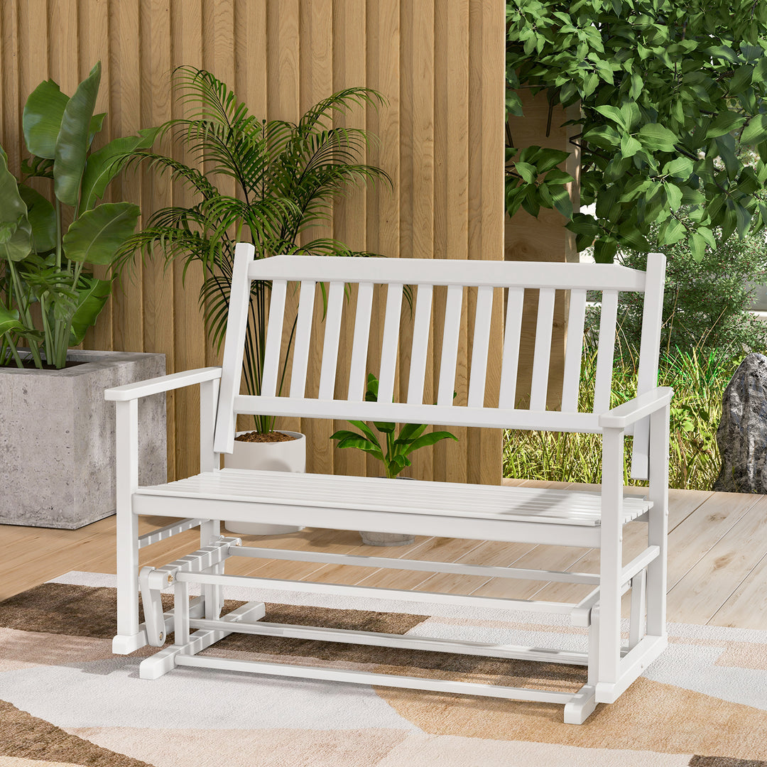 2 Seats Outdoor Glider Bench with Armrests and Slatted Seat-White - TidySpaces