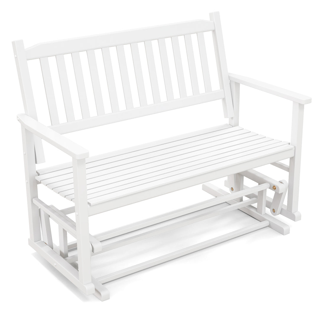 2 Seats Outdoor Glider Bench with Armrests and Slatted Seat-White - TidySpaces