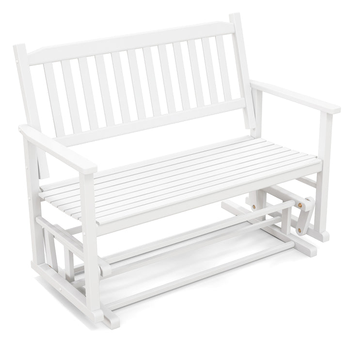 2 Seats Outdoor Glider Bench with Armrests and Slatted Seat-White - TidySpaces