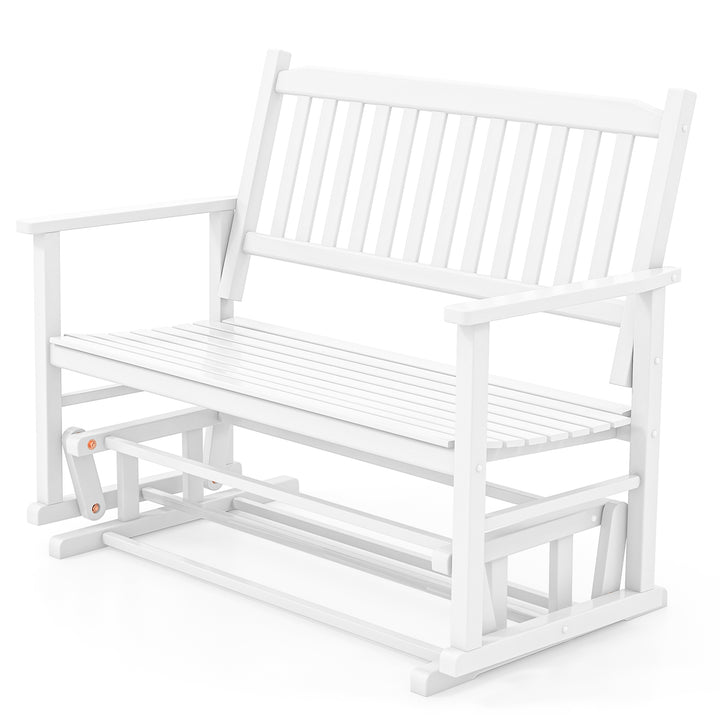 2 Seats Outdoor Glider Bench with Armrests and Slatted Seat-White - TidySpaces