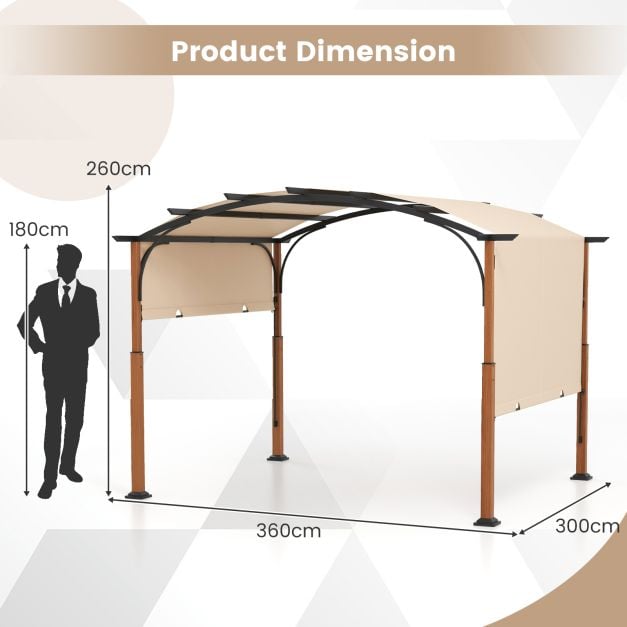 300 x 360 cm Retractable Pergola Arched Patio Pergola with Sun Shade Canopy - TidySpaces