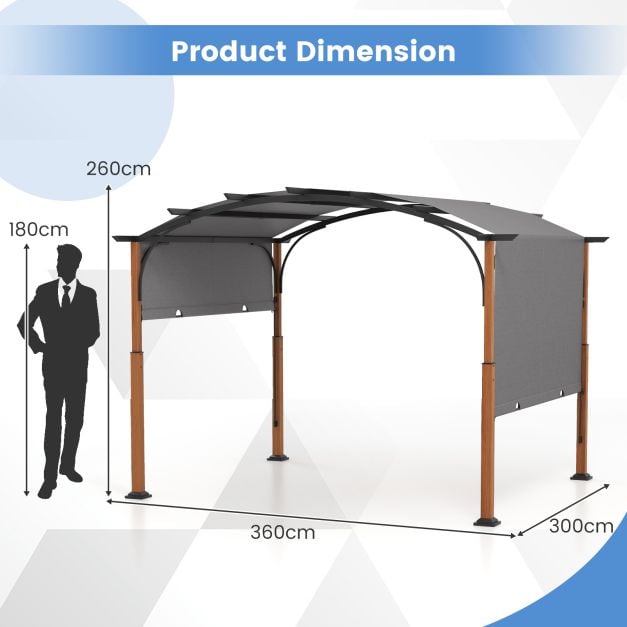 300 x 360 cm Retractable Pergola Arched Patio Pergola with Sun Shade Canopy - TidySpaces