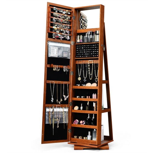 Full Length Mirrored Jewellery Cabinet Rotates 360° with Display Shelves - TidySpaces