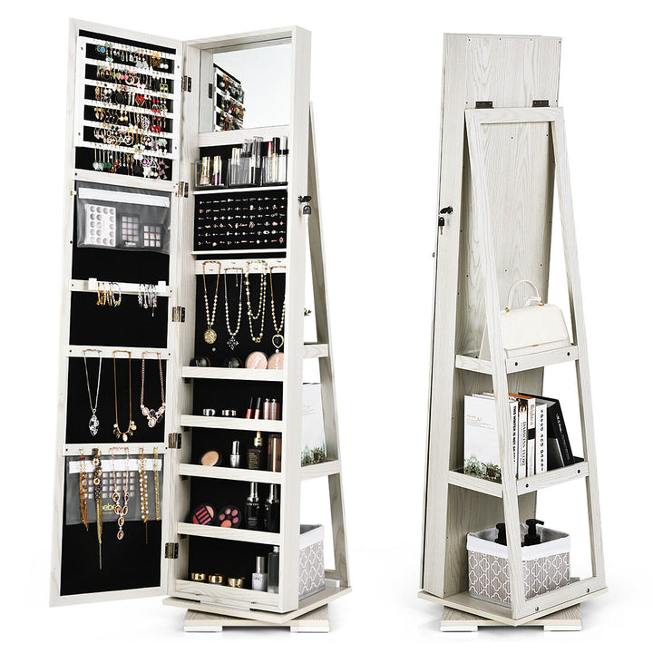 Full Length Mirrored Jewellery Cabinet Rotates 360° with Open Display Shelves White - TidySpaces