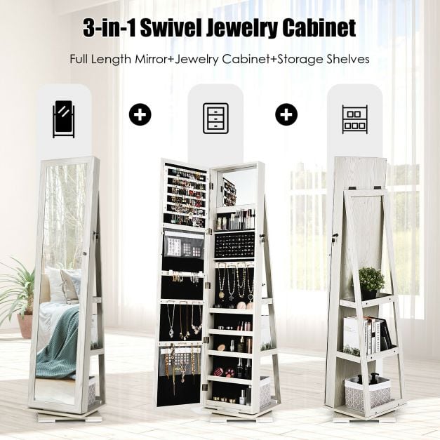 Full Length Mirrored Jewellery Cabinet Rotates 360° with Display Shelves - TidySpaces
