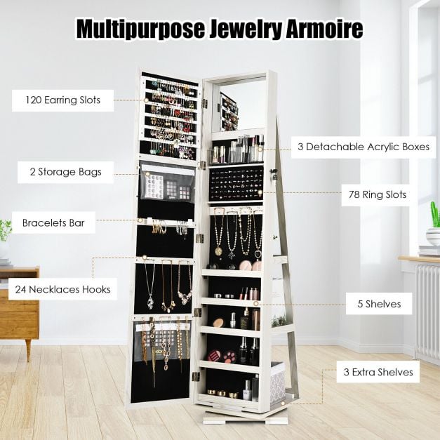 Full Length Mirrored Jewellery Cabinet Rotates 360° with Display Shelves - TidySpaces