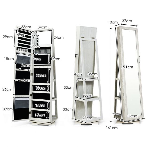 Full Length Mirrored Jewellery Cabinet Rotates 360° with Display Shelves - TidySpaces