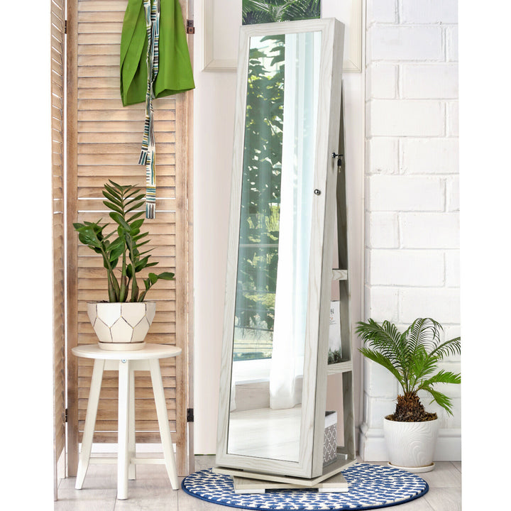 Full Length Mirrored Jewellery Cabinet Rotates 360° with Open Display Shelves - TidySpaces