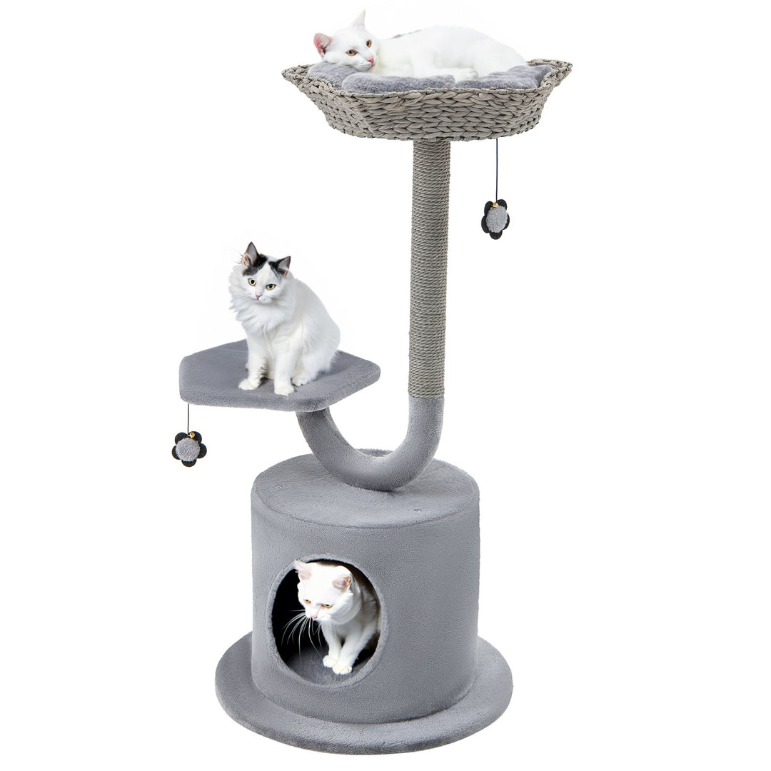3-Tier Cat Tree with Raper Rope Covered Scratching Post-Grey - TidySpaces