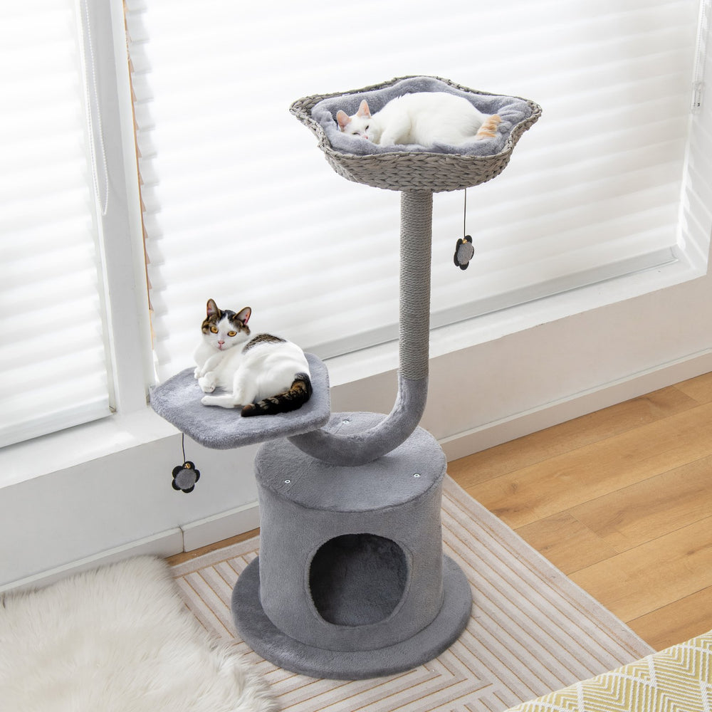 3-Tier Cat Tree with Raper Rope Covered Scratching Post-Grey - TidySpaces