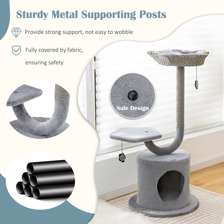 3-Tier Cat Tree with Raper Rope Covered Scratching Post-Grey - TidySpaces