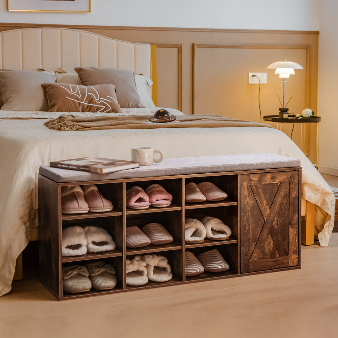 3-Tier Entryway Shoe Storage Bench with Padded Cushion-Rustic Brown - TidySpaces
