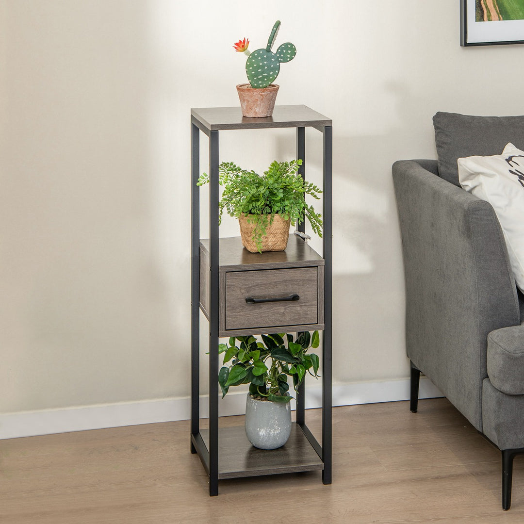3 Tier Tall Metal Plant Stand with Drawer Anti-tipping Devices-Grey - TidySpaces