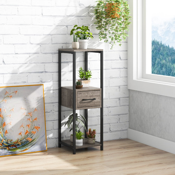 3 Tier Tall Metal Plant Stand with Drawer Anti-tipping Devices-Grey - TidySpaces