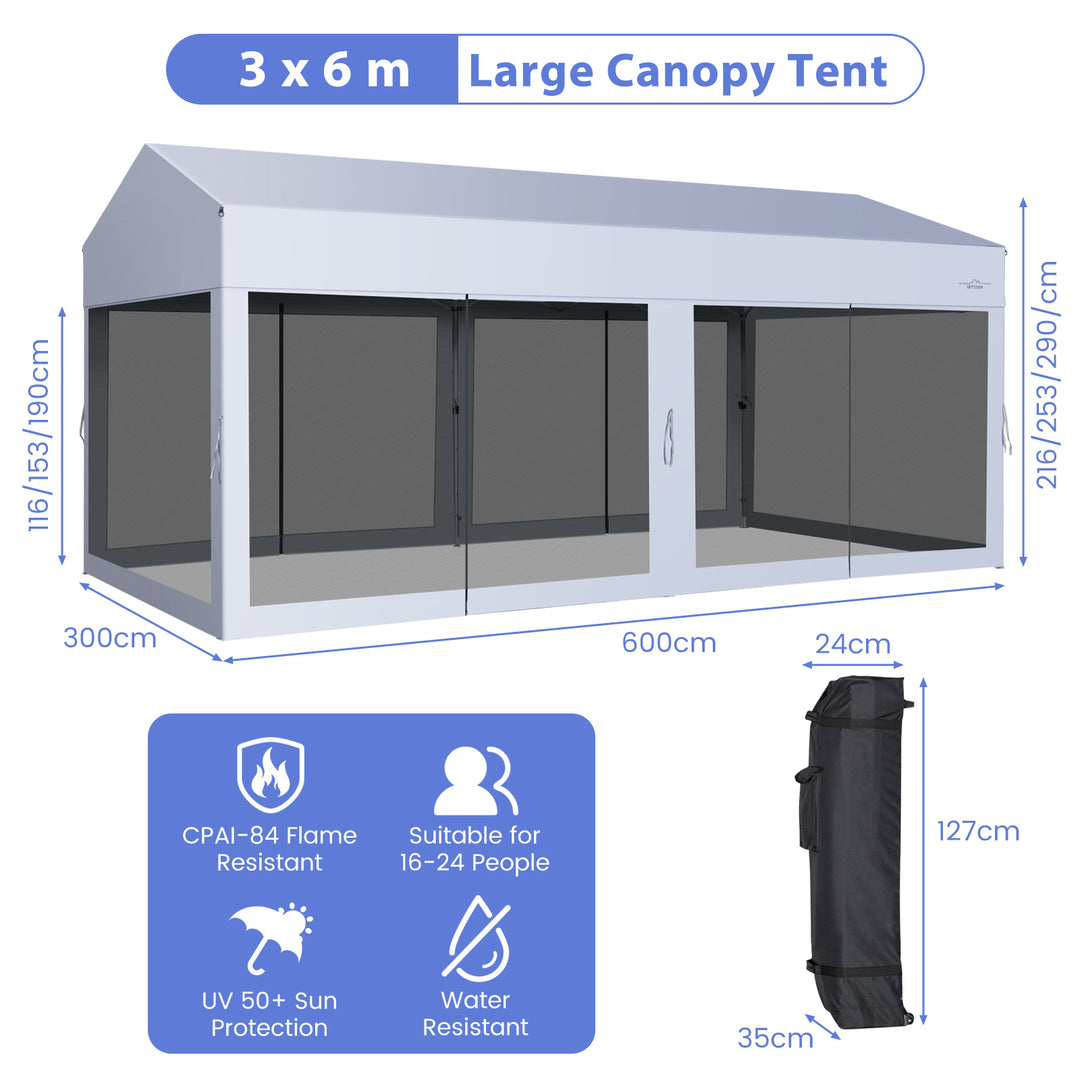 3 x 6 m Pop-Up Canopy UV Screen House Party Tent with Removable Sidewalls-White - TidySpaces