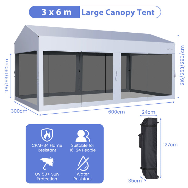 3 x 6 m Pop-Up Canopy UV Screen House Party Tent with Removable Sidewalls-White - TidySpaces