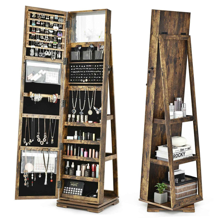 Full Length Mirrored Jewellery Cabinet Rotates 360° with Display Shelves
