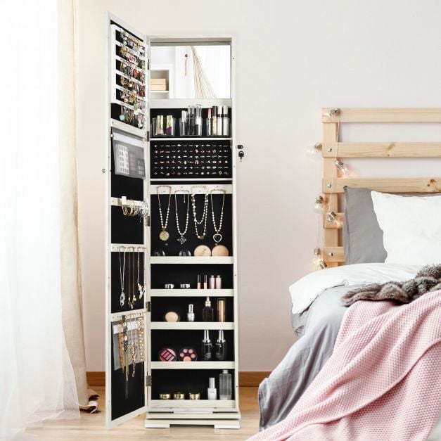 Full Length Mirrored Jewellery Cabinet Rotates 360° with Display Shelves - TidySpaces