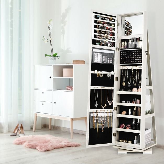 Full Length Mirrored Jewellery Cabinet Rotates 360° with Display Shelves - TidySpaces