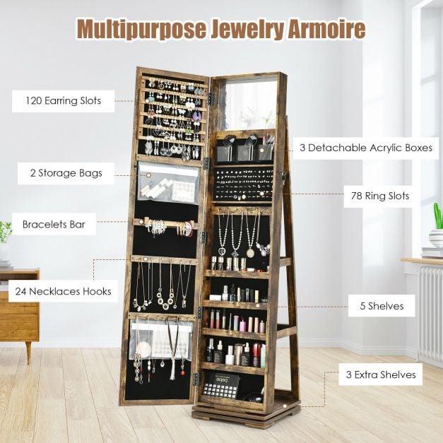 Full Length Mirrored Jewellery Cabinet Rotates 360° with Display Shelves - TidySpaces