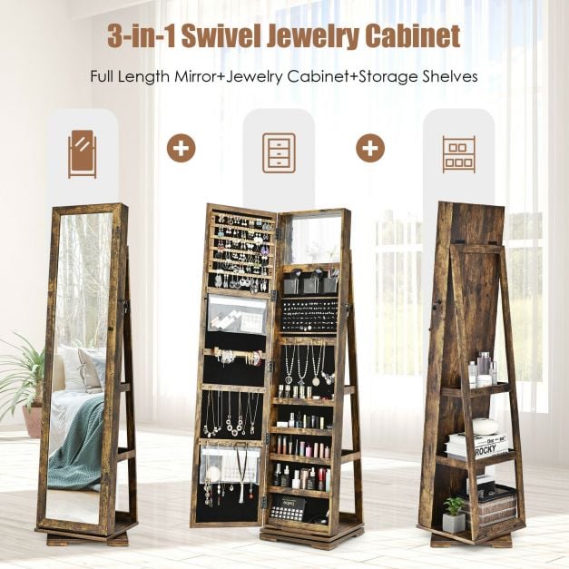 Full Length Mirrored Jewellery Cabinet Rotates 360° with Display Shelves - TidySpaces
