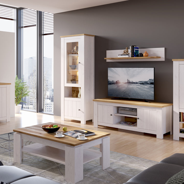 Celesto 2 Door Display Cabinet inc. 2x LED Lights in White and Oak - TidySpaces