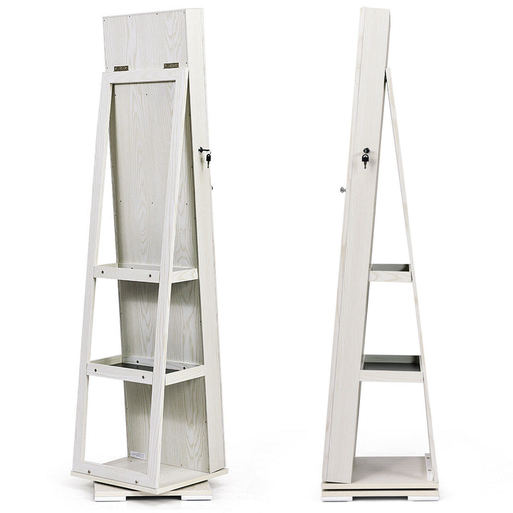 Full Length Mirrored Jewellery Cabinet Rotates 360° with Open Display Shelves - TidySpaces