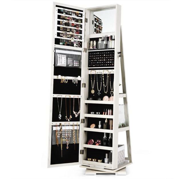 Full Length Mirrored Jewellery Cabinet Rotates 360° with Display Shelves - TidySpaces