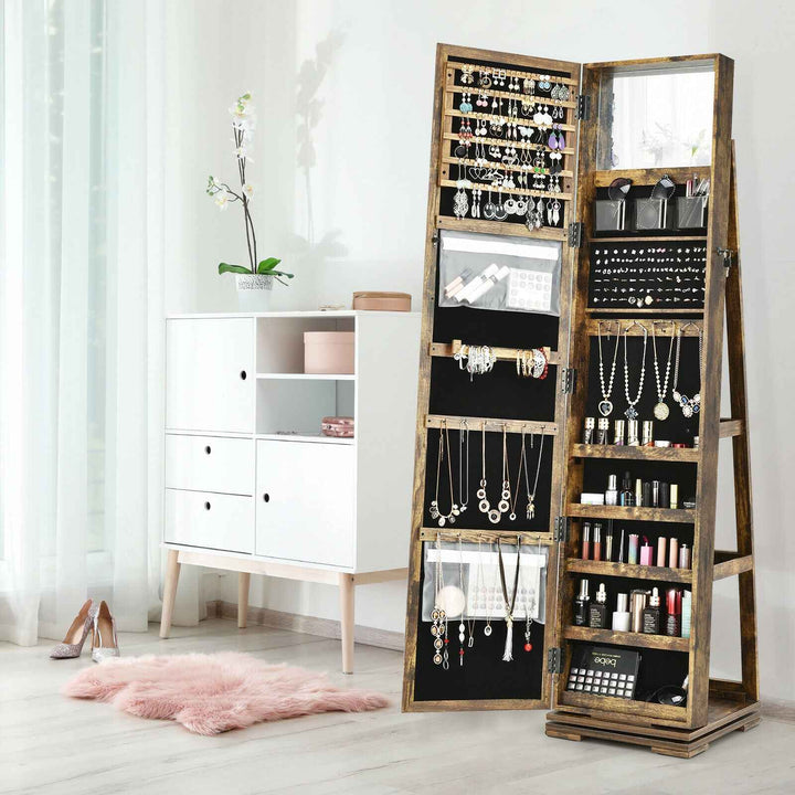 Full Length Mirrored Jewellery Cabinet Rotates 360° with Display Shelves