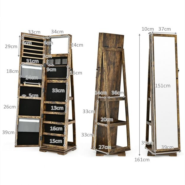 Full Length Mirrored Jewellery Cabinet Rotates 360° with Display Shelves - TidySpaces