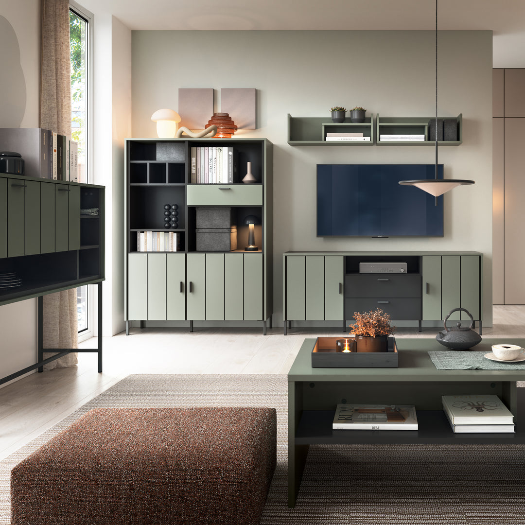 Arundel Bookcase 2 Door 1 Drawer in Green/Grey - TidySpaces