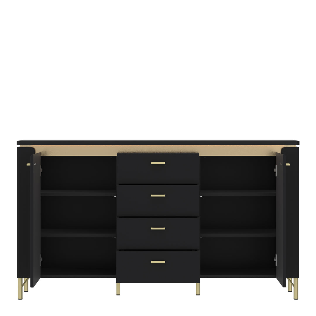 Genoa Sideboard 2 Door 4 Drawer in Black Matt/Gold - TidySpaces