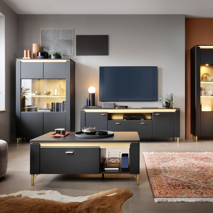Genoa Sideboard 2 Door 4 Drawer in Black Matt/Gold - TidySpaces