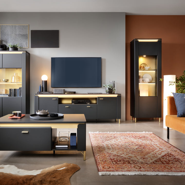 Genoa Vitrin 1 Door in Black Matt/Gold - TidySpaces