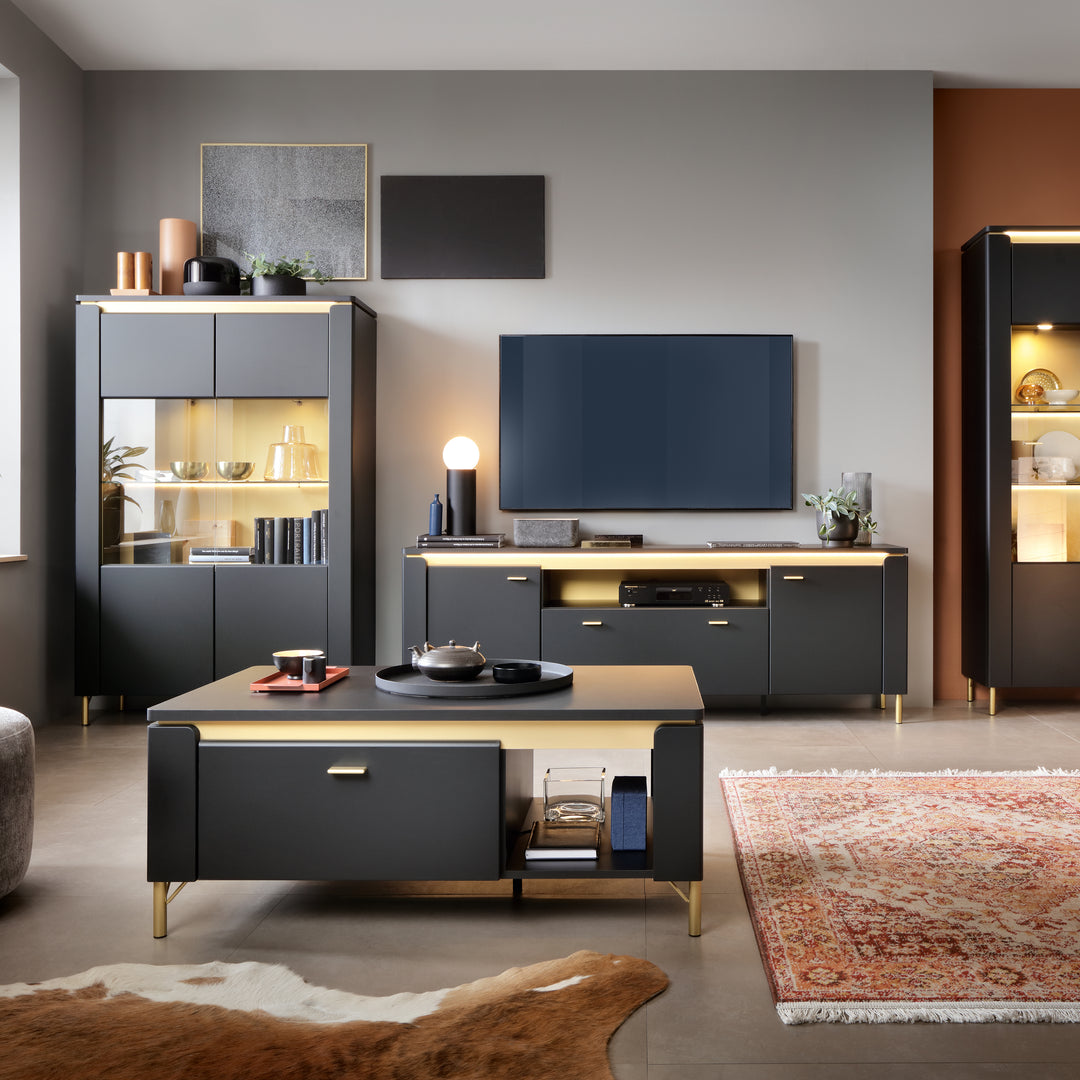 Genoa Vitrin 2 Door in Black Matt/Gold - TidySpaces