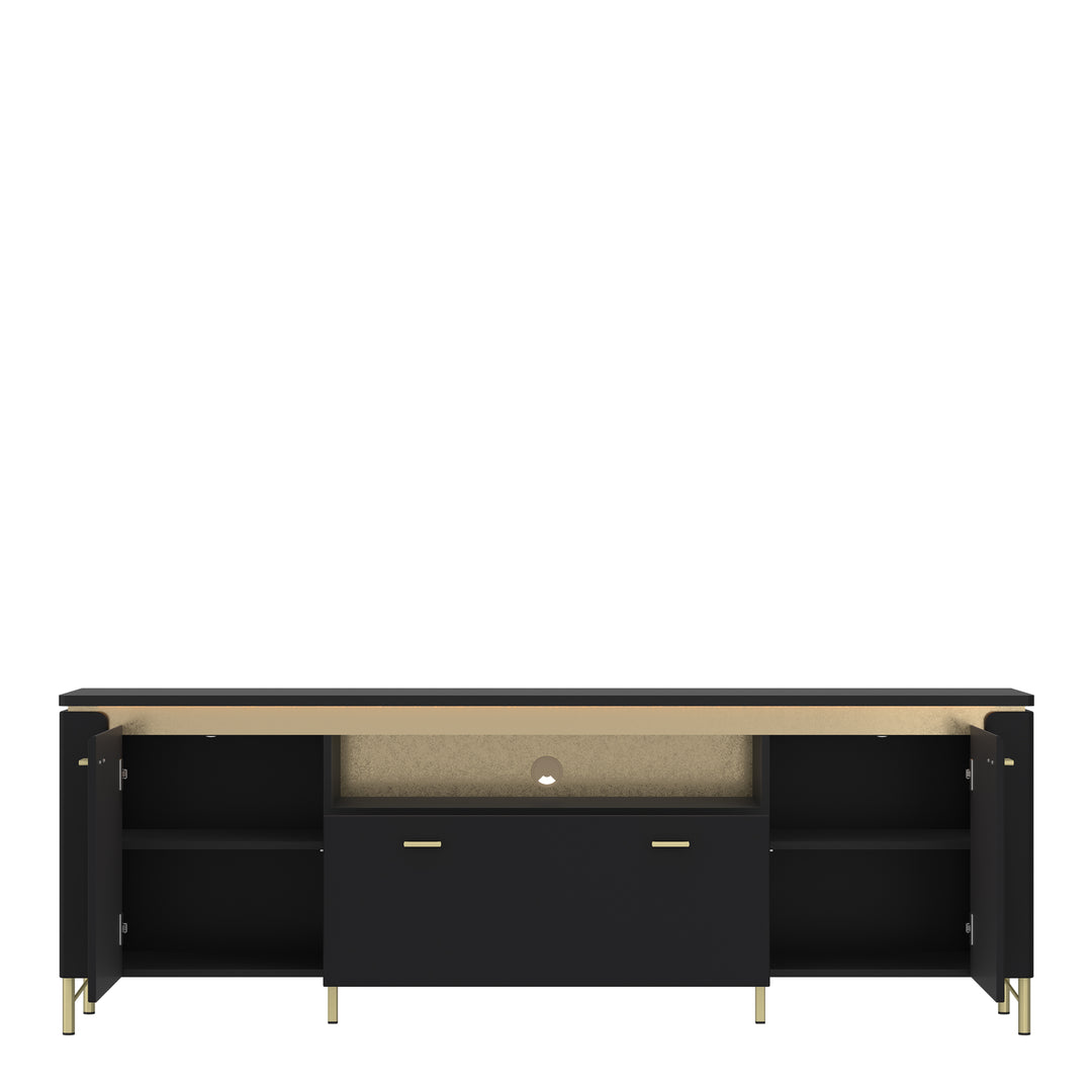 Genoa TV Cabinet 2 Door 1 Drawer 200cm Wide in Black Matt/Gold - TidySpaces