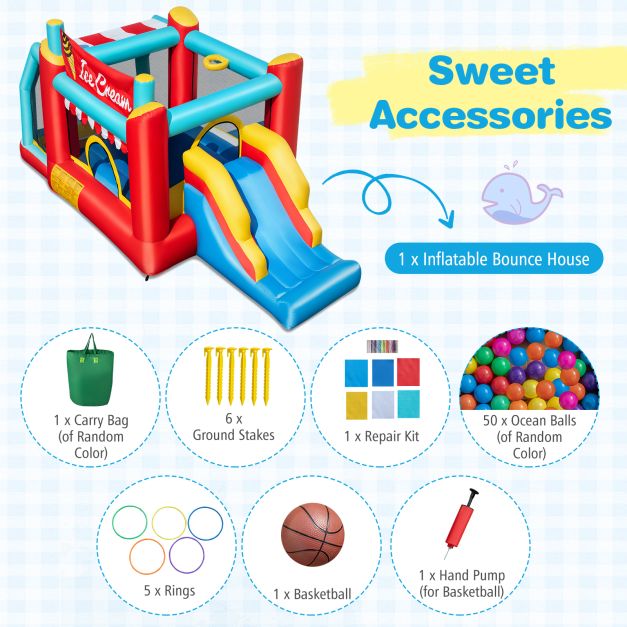 5-in-1 Ice Cream Inflatable Bounce House with Basketball Hoop and Ball Pit