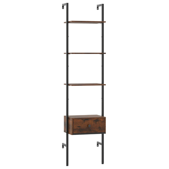 5-Tier Ladder Bookcase with Drawer and Metal Frame-Rustic Brown