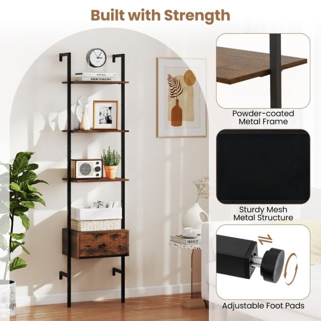 5-Tier Ladder Bookcase with Drawer and Metal Frame-Rustic Brown