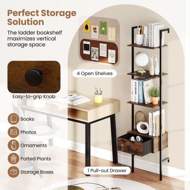5-Tier Ladder Bookcase with Drawer and Metal Frame-Rustic Brown