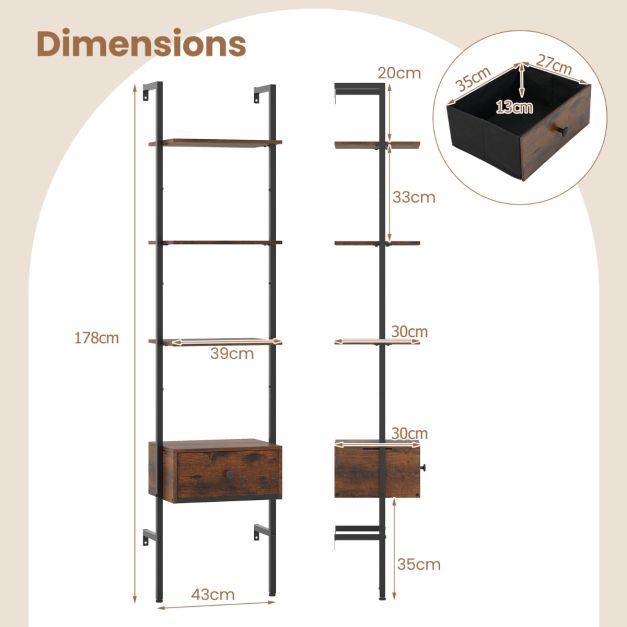 5-Tier Ladder Bookcase with Drawer and Metal Frame-Rustic Brown