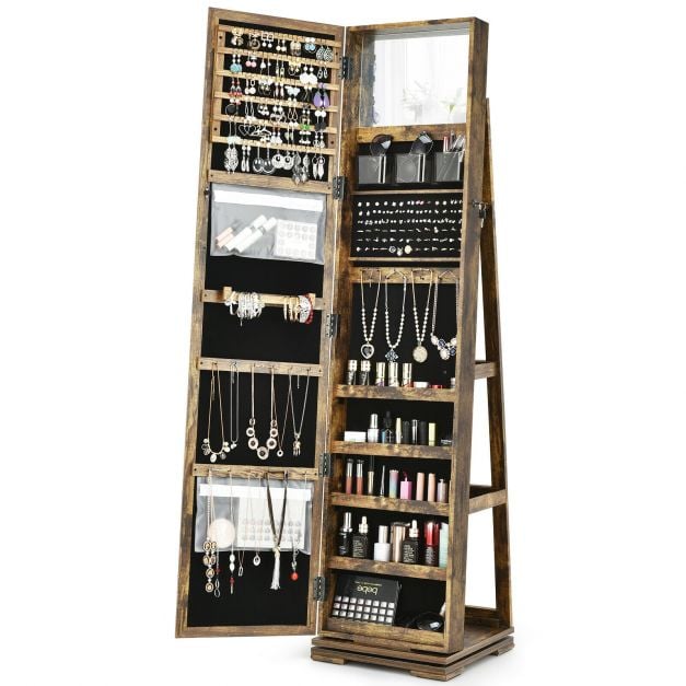 Full Length Mirrored Jewellery Cabinet Rotates 360° with Display Shelves - TidySpaces
