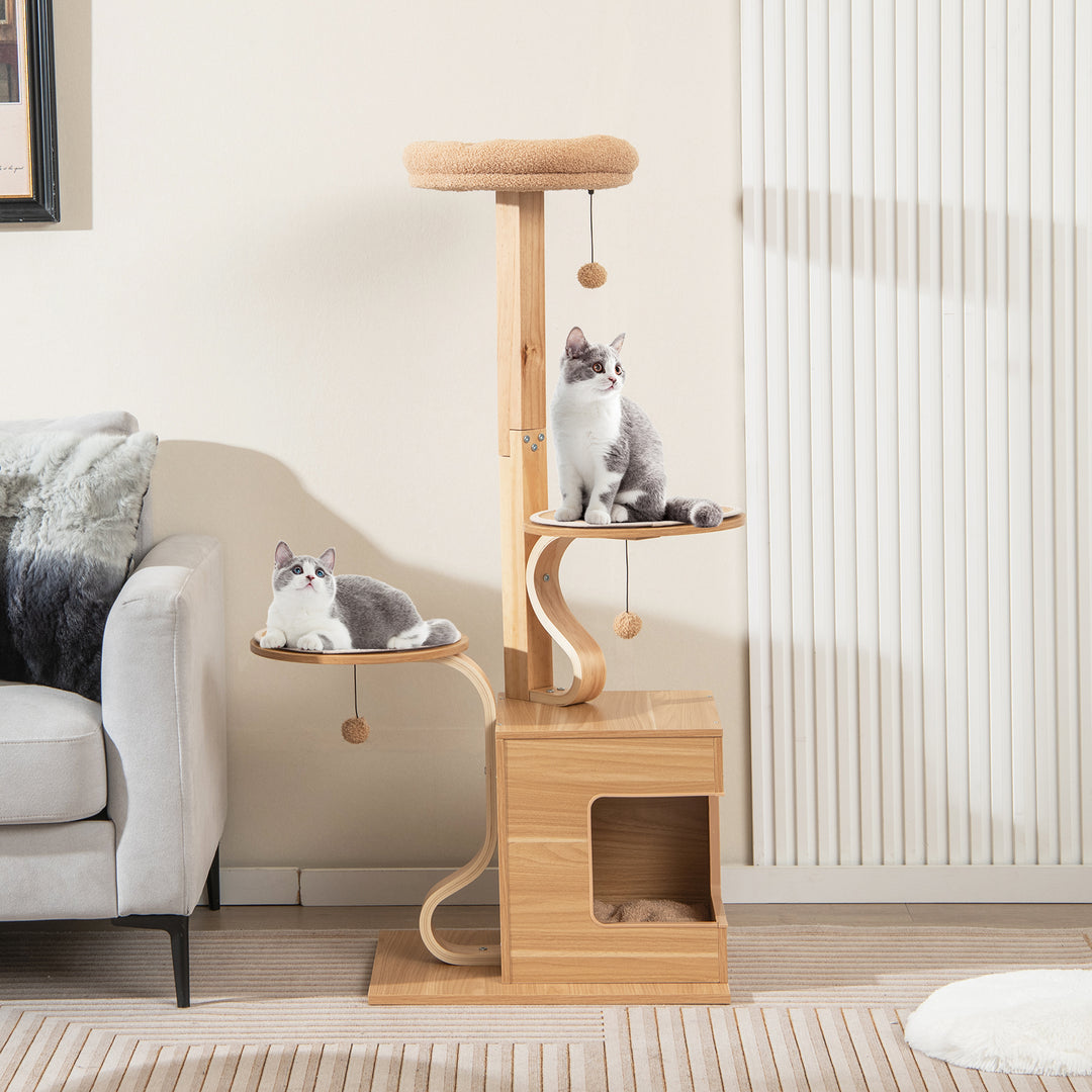 51 inches Wooden Cat Tree with Solid Wood Post and Curved Plywood Frame-Natural - TidySpaces