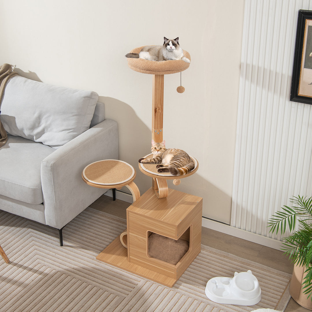 51 inches Wooden Cat Tree with Solid Wood Post and Curved Plywood Frame-Natural - TidySpaces