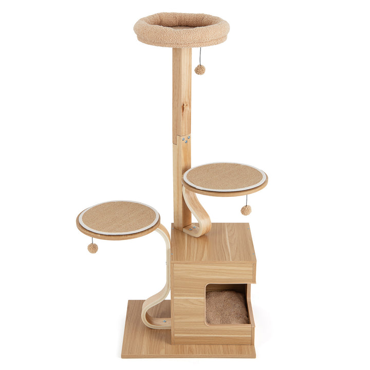 51 inches Wooden Cat Tree with Solid Wood Post and Curved Plywood Frame-Natural - TidySpaces