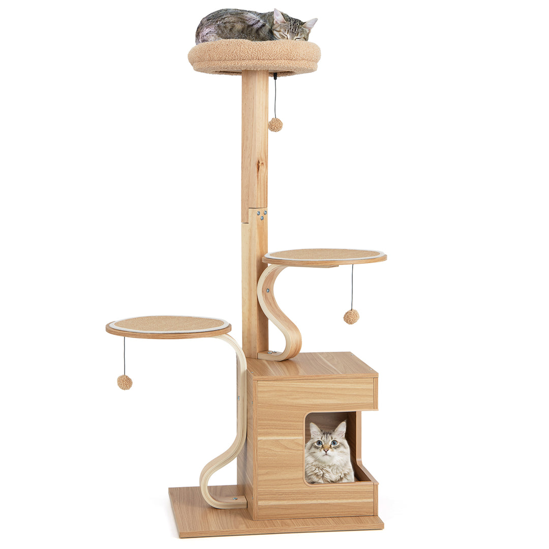 51 inches Wooden Cat Tree with Solid Wood Post and Curved Plywood Frame-Natural - TidySpaces