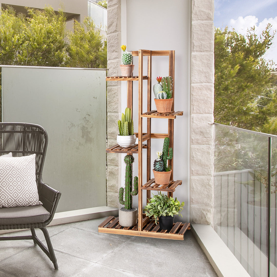 5-Tier Wood 6 Pots Plant Stand Free-standing Display Shelf - TidySpaces