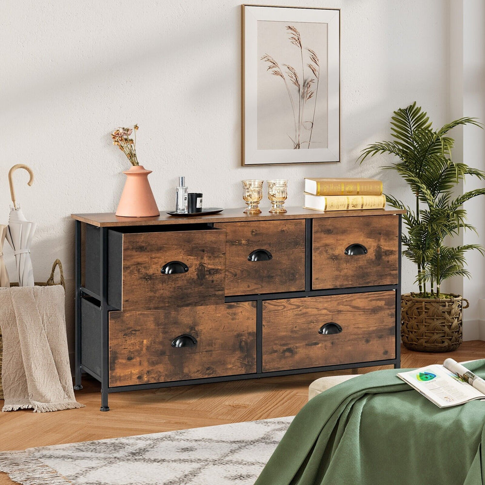 5 Drawer Multifunction Dresser with Foldable Drawers and Wooden Top Rustic - TidySpaces