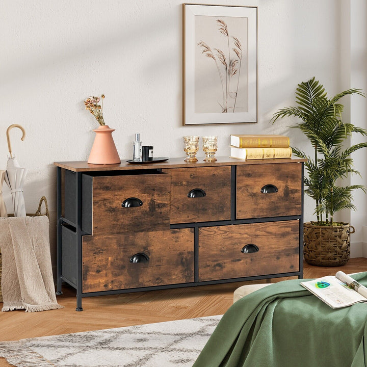 5 Drawer Multifunction Dresser with Foldable Drawers and Wooden Top Rustic - TidySpaces