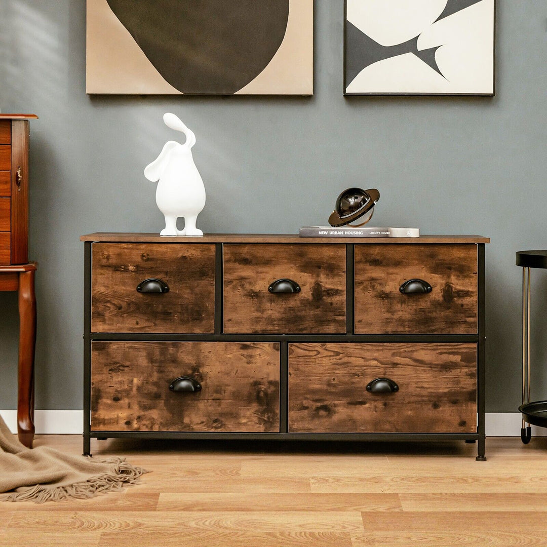5 Drawer Multifunction Dresser with Foldable Drawers and Wooden Top Rustic - TidySpaces